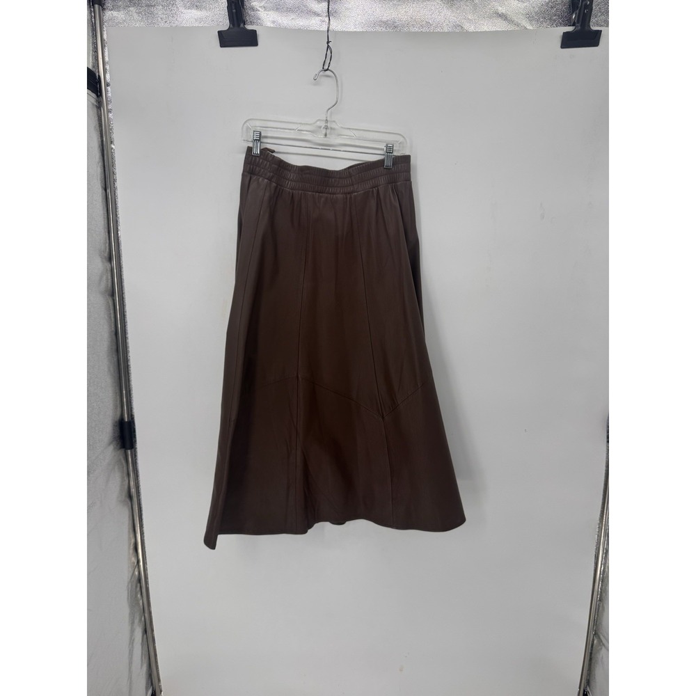 Paige Brown Genuine Leather Midi Skirt Women's Medium M A-Line Elastic Waist